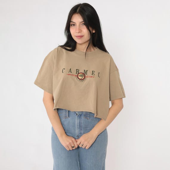 90s Carmel California T Shirt Tan Embroidered Tree Crop Top Coastal Beach Tshirt 1990s Vintage Carmel By The Sea Graphic Tee Large L