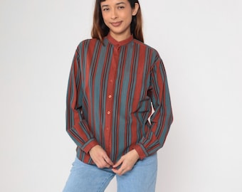80s Striped Blouse Button up Top Rust Red Turquoise Blue Long Sleeve Mandarin Collar Shirt Retro Vertical Stripes Vintage 1980s Large 12