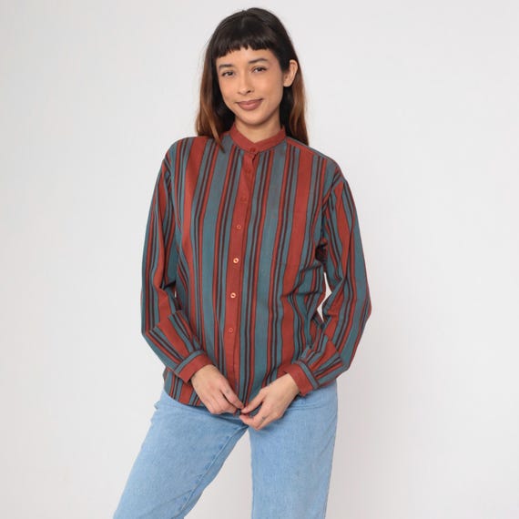 80s Striped Blouse Button up Top Rust Red Turquoise Blue Long Sleeve Mandarin Collar Shirt Retro Vertical Stripes Vintage 1980s Large 12