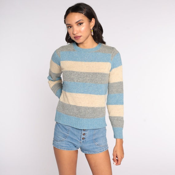 Wool Striped Sweater 80s Knit Tan Grey Blue Sweat… - image 3