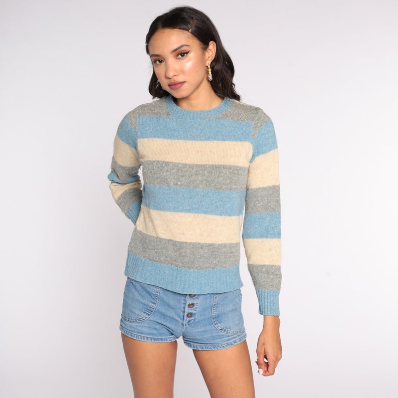 Wool Striped Sweater 80s Knit Tan Grey Blue Sweater Slouch 1980s Jumper Vintage Pullover Retro Small S image 3