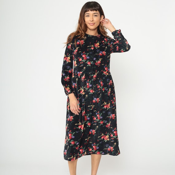 90s Floral Corduroy Dress Black Red Blue Yellow Button Front Midi Length Cottagecore Prairie Long Sleeve A-Line Full Skirt Cotton Medium M