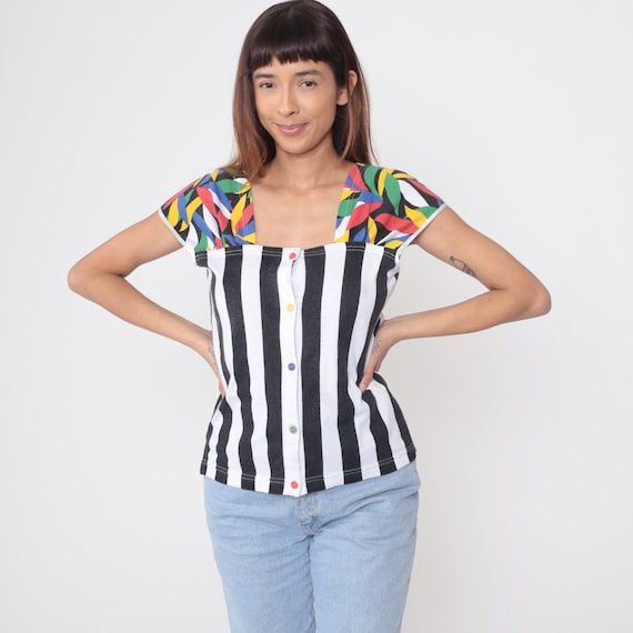 Pattern Mix Top 80s Lucie Ann Stripe Geometric Color Block Short Retro Funky 1980s Sleeve Button Front Cotton Blend Small S 4
