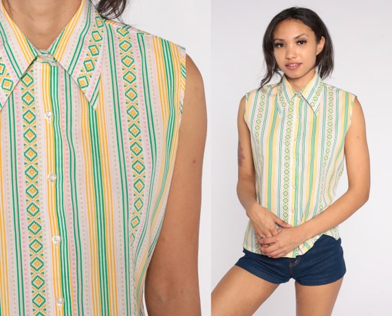 70s Striped Blouse Aztec Tank Top Green Yellow Boho Shirt Sleeveless Shirt 1970s Vintage Bohemian Button Up White Geometric Small Medium