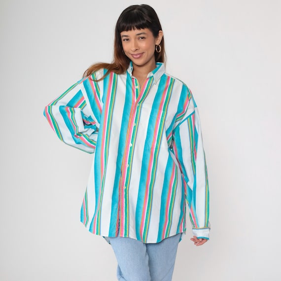 Striped Shirt 90s Rainbow Vertical Stripes White Turquoise Pink Green Button Down Long Sleeve Vintage Cotton Oversized Colorful Preppy Large
