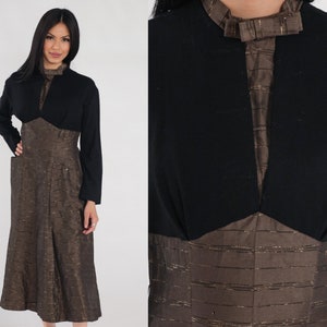 50s Cocktail Dress Brown Metallic Striped Midi Dress Black Wool Layered Long Sleeve High Neck Bow A Line Classic Retro Vintage 1950s Medium