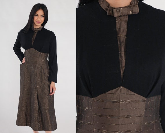50s Cocktail Dress Brown Metallic Striped Midi Dress Black Wool Layered Long Sleeve High Neck Bow A Line Classic Retro Vintage 1950s Medium