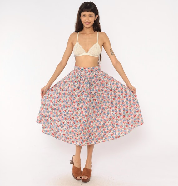 80s Floral Midi Skirt Pink Blue Red Cotton High Rise Pleated Full Circle Prairie Cottagecore Calico Print Flower Garden Vintage Small S