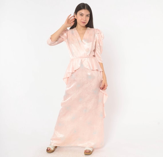 80s Puff Sleeve Gown Blush Peplum Waist Surplice Neckline Jacquard Floral Rose Maxi Dress Ruffle V Neck Formal Evening Pink Extra Small XS