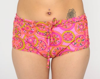 70s Bikini Bottoms Pink Floral Swim Shorts Retro Boho Hippie Beach Hot Pants Low Waisted Bathing Suit Mod Boyshort Vintage 60s Small S