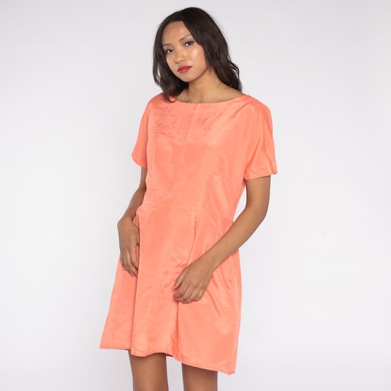 50s Peach Dress Coral Boat Neck Midi A Line Simple Elegant Salmon Pink Spring Summer Vintage Retro Garden Party Wedding Guest Medium M