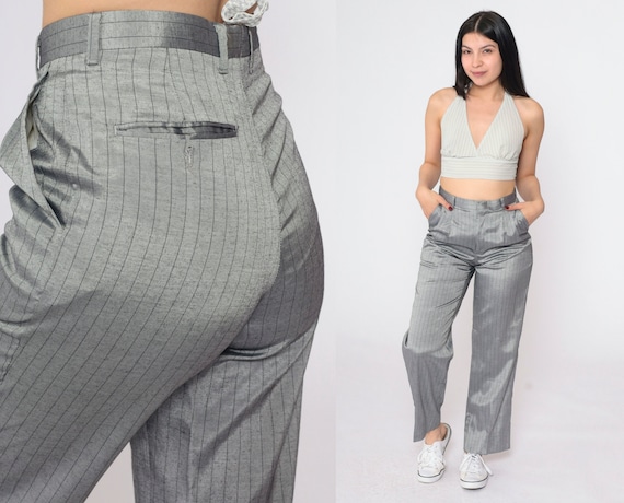 Shiny Grey Pinstripe Trousers 90s High Waisted Striped Pants Pleated Straight Leg Slacks 1990s Vintage Dress Pants Small