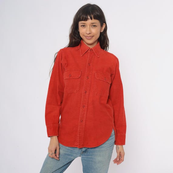 Orange Woolrich Shirt 80s Blouse Long Sleeve Collared Pockets Outdoor Workwear Utility Camp Casual Boyfriend Fit Unisex Vintage Medium M