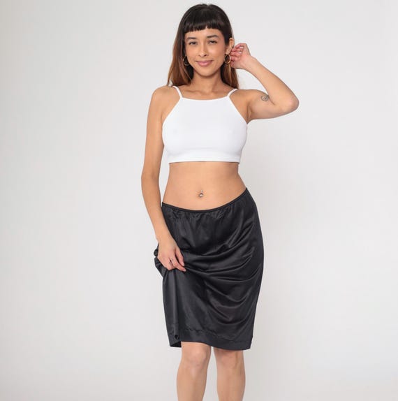 Vintage Black Slip Skirt 70s Half Slip Skirt Lingerie Midi Hippie High Waisted Boho 1970s Bohemian Straight Pencil Extra Large