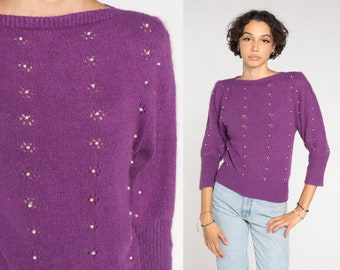 Purple Knit Sweater 80s Puff Sleeve Sweater Pearl Beaded Cutout Silk Angora Wool Blend Pullover Jumper Cut Out Retro Vintage 1980s Small S