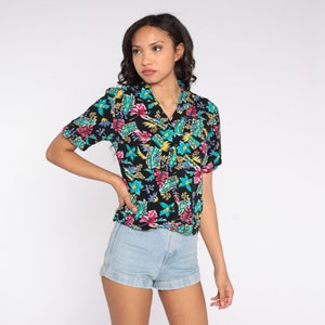 Tropical Button Up Shirt 90s Black Hawaiian Blouse Bright Floral Print Surfer Vacation Short Sleeve Retro Tourist Top Vintage 1990s Small S
