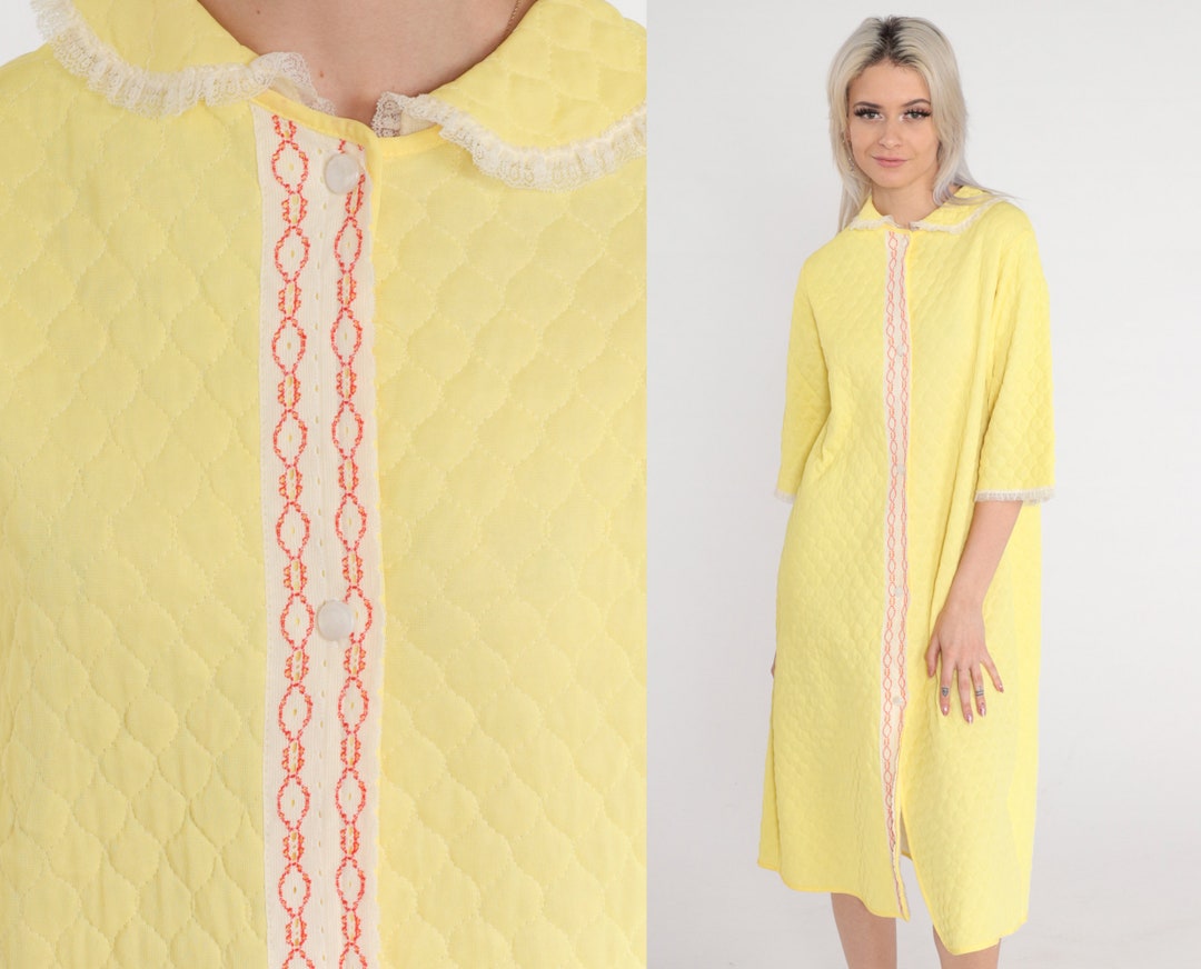 Yellow Quilted Nightgown 70s Nightie Midi Dress Button up Sleepwear