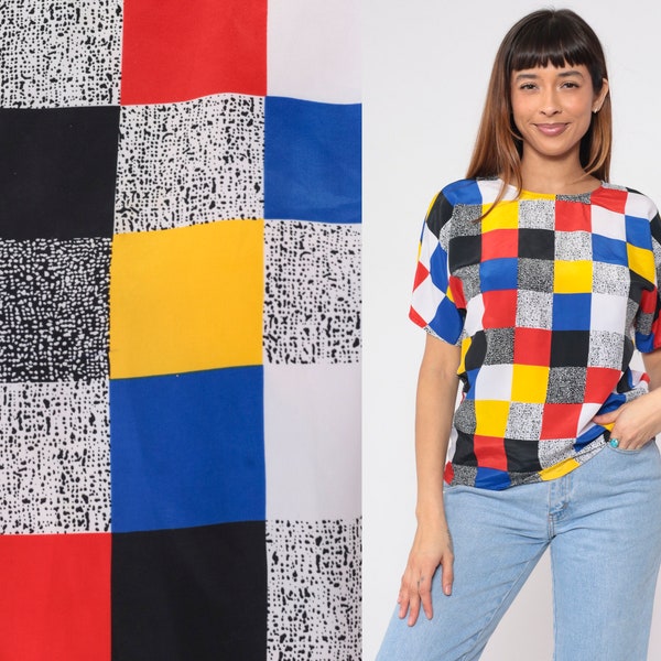 90s Color Block Top Boho Blouse Primary Color Black White Flecked Print Short Sleeve Shirt Retro Colorblock Mondrian Vintage 1990s Small S