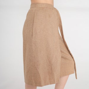 70s Wrap Skirt Tan Wool Midi Skirt High Waisted Plain Basic Summer Adjustable Simple Straight Cut Preppy Chic Vintage 1970s Medium Large image 4