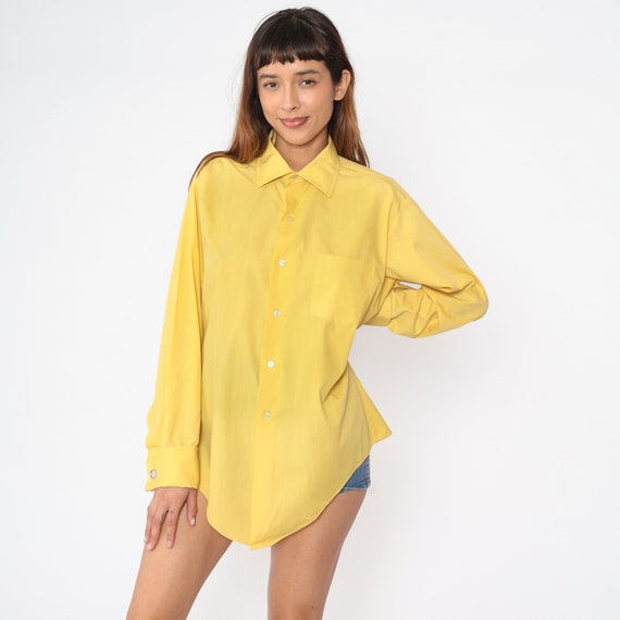 Yellow Button Up Shirt 70s Pointed Collar Top Long Sleeve Retro Disco Shirt Collared Plain Pocket Vintage 1970s Men's Extra Large xl