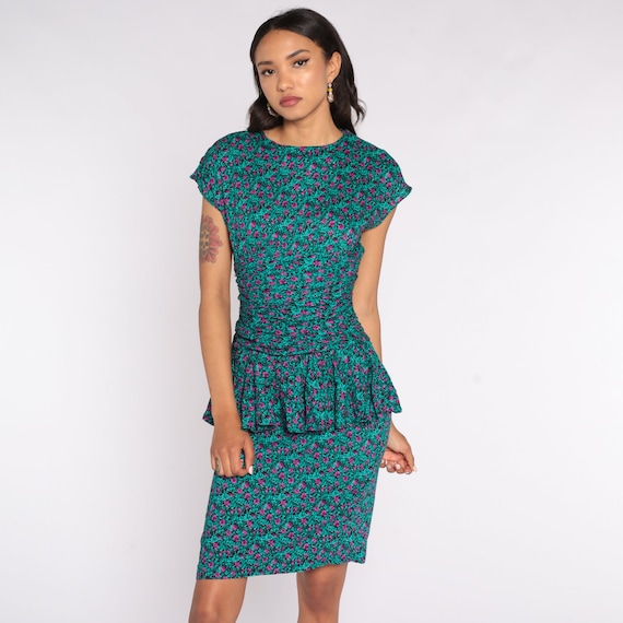 Floral Peplum Dress 80s Turquoise Floral Dress Cap Sleeve Pencil Wiggle Dress Midi 1980s Fitted High Waist All That Jazz Blue-Green Small S
