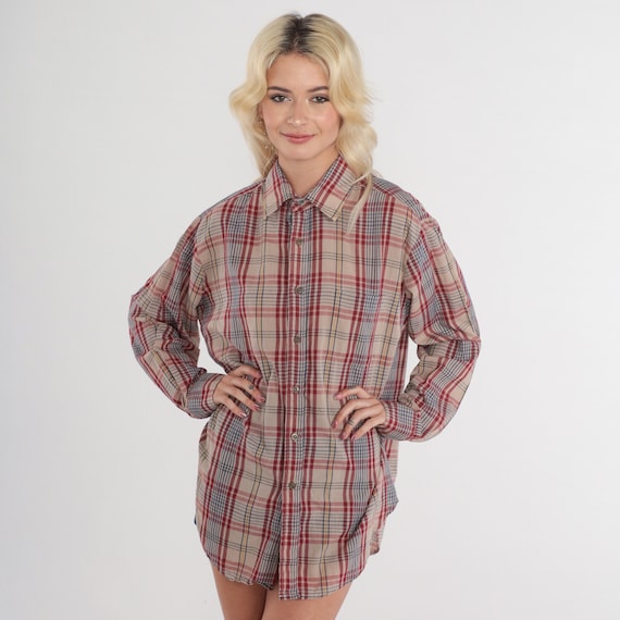 Tan Plaid Shirt 80s Button up Shirt Retro Collared Long Sleeve Checkered Print Boyfriend Oxford Button Down Flannel Vintage 1980s Mens Large