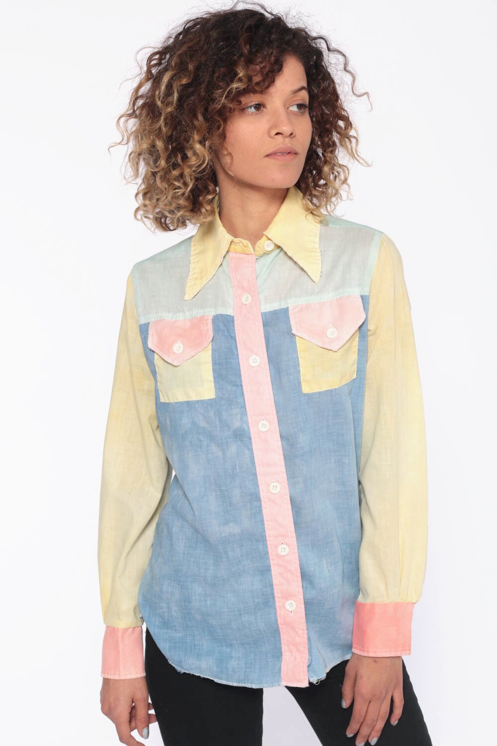 Pastel Color Block Shirt 70s Oxford Collared 1970s Baby Blue Pink Button Up Cotton Long Sleeve 