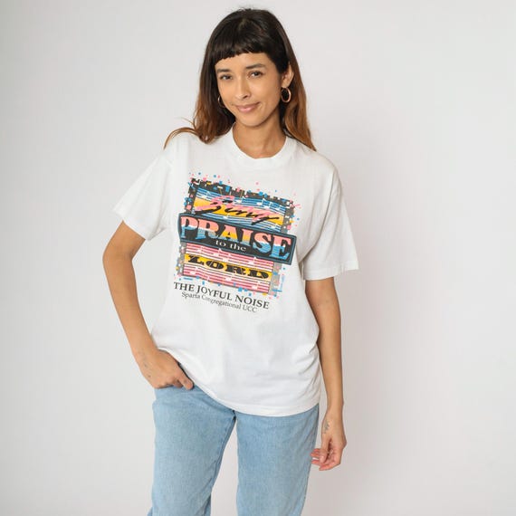 Vintage 90s Praise the Lord T-Shirt Sparta Religious Christian Tshirt Congregational UCC Music Graphic Crewneck Tee USA Made Large L