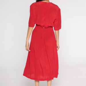 Red Pleated Dress 80s Midi Dress Lace Collar Dress Boho Embroidered Dress High Waist Secretary Short Sleeve Dress Vintage Medium Large image 6