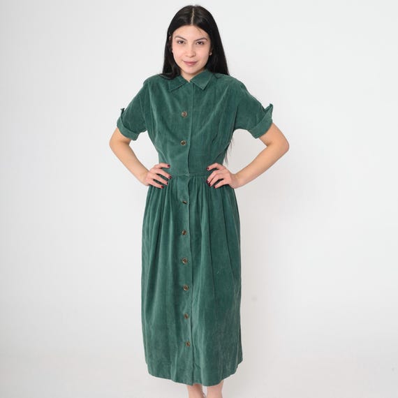 Vintage 40s Green Corduroy Dress Button Up WWII Short Sleeve Collared Gathered Waist Utility Midi 1940s Mid-Century Extra Small xs Junior's