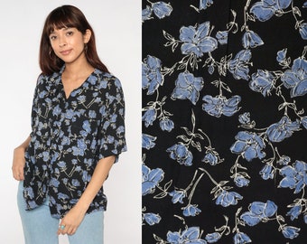 Black Floral Blouse 90s Button Up Shirt Short Sleeve Collared Top Blue Flower Print Summer Casual Boho Retro Bohemian Vintage 1990s Large L