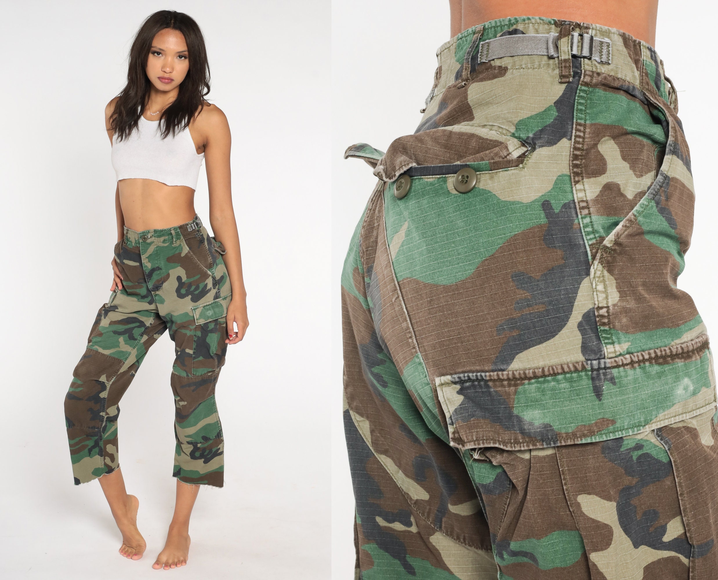 Camo Army Capri Pants 90s Cargo Pants Military Combat Olive Green  Camouflage Punk Rocker Capris Cropped Ankle Vintage 1990s Extra Small Xs 