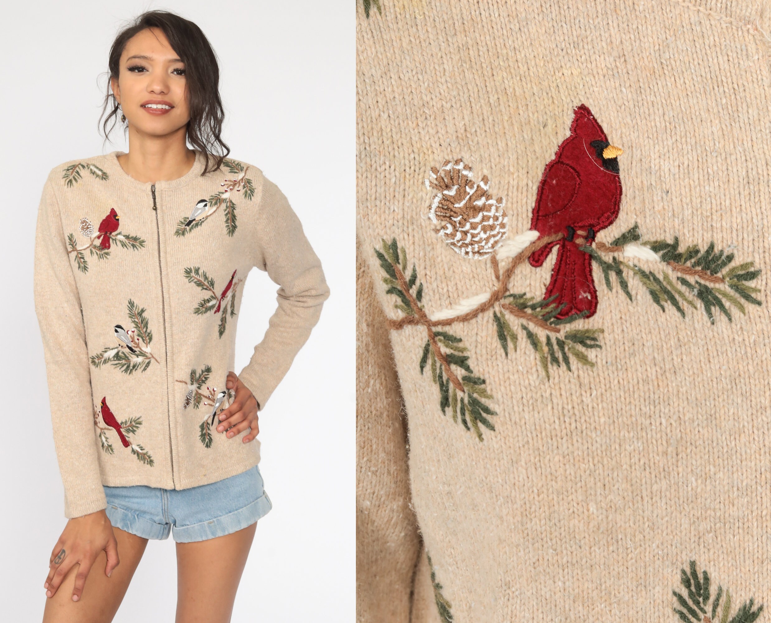 Cardinal Bird Cardigan Sweater ZIP UP 