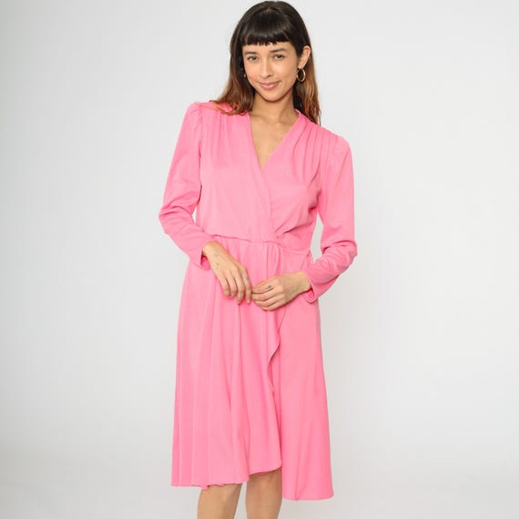 Vintage Pink Faux Wrap Dress 80s High Waisted Midi Puff Sleeve Dress Deep V Neck Disco Era Plain Boho 1980s Extra Large xl