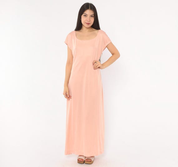 70s Blush Pink Maxi Dress Peach Scoop Neck Short Sleeve Salmon Floor Length Gown Cap Sleeve Rose A Line Coral Pullover Vintage Womens Large