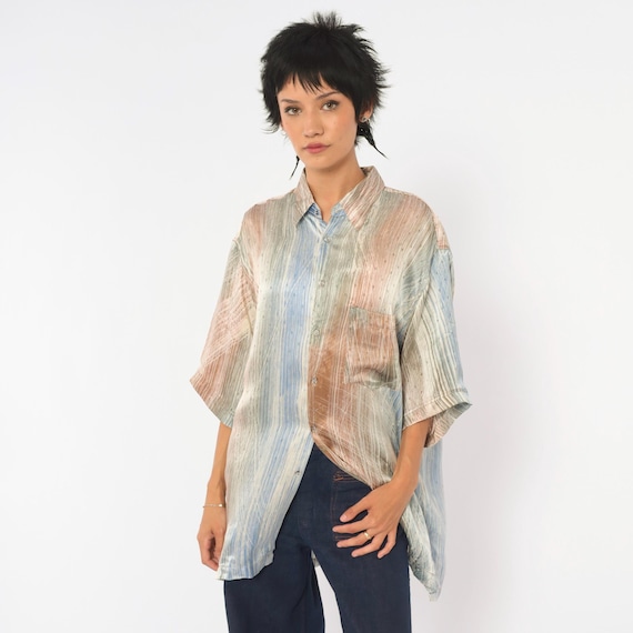 90s Abstract Print Shirt Tan Blue Brushstroke Button Front Short Sleeve Boxy Gray Watercolor Stripe Chest Pocket Unisex Vintage Large L