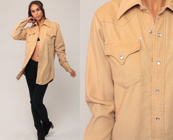 Corduroy Shirt 70s Shirt WESTERN Pearl Snap Shirt Button Up Oversize Top Tan 1970s Vintage Long Sleeve Plain Small Medium