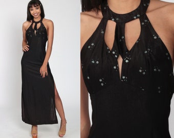 Robe de soirée noire des années 70 robe ras du cou découpée robe GLITTER Boho Maxi découpe fête Boho dos nu années 1970 vintage Halter cou Extra petit xs