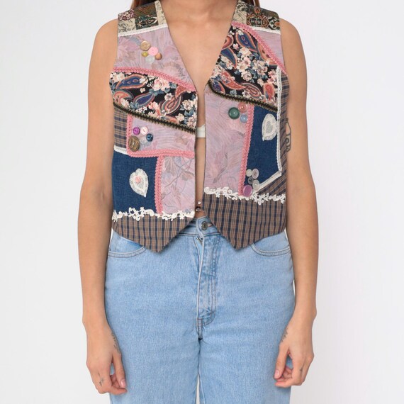 90s Reversible Patchwork Vest Vintage Chambray Pl… - image 8