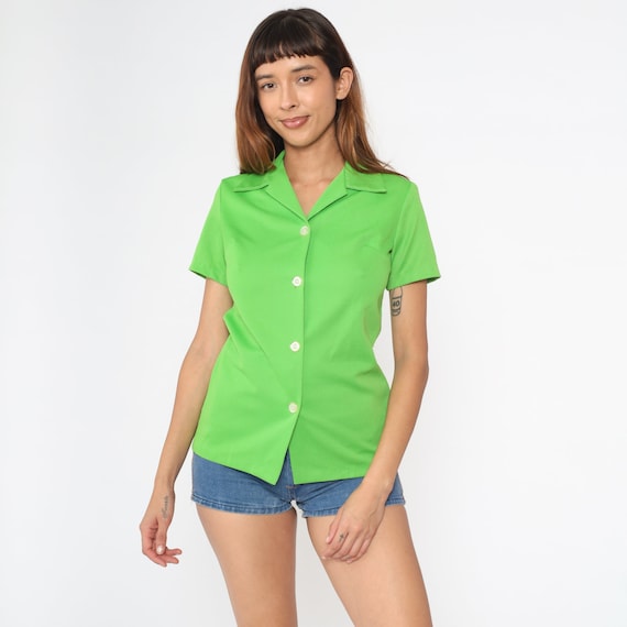 Lime Green Blouse 70s Button Up Shirt Collar Retro Top Basic Plain Preppy Collared Short Sleeve Simple Minimal Vintage 1970s Small S