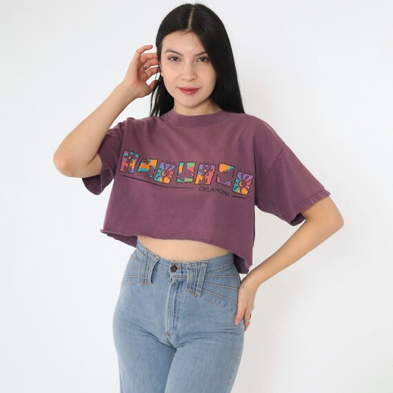 Oklahoma Cropped T Shirt Y2K Nature Flower Print T-Shirt Cropped Graphic Tee Burgundy Crop Top Vintage Raw Hem Medium