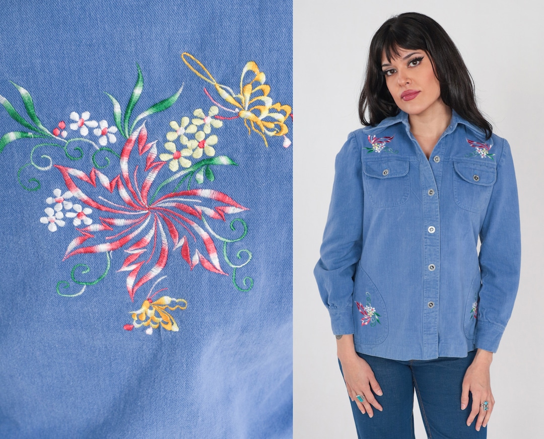 Women's Vintage Flower Print Casual Hollow-out Denim Shirt main image 0