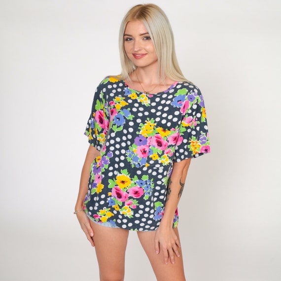 Polka Dot Floral Blouse 90s Faded Black Shirt Flower Print Short Sleeve Top Summer Retro Boho Casual Vintage 1990s Small Medium
