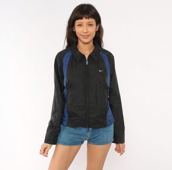 Y2K Nike Windbreaker Jacket Black Navy Blue Color Block Zip Front Collared Shell Mesh Lined Sporty Athletic Track Coat Streetwear Medium M