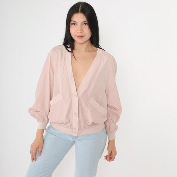 Vintage 80s Pink Silk Jacket Balloon Sleeve Button Up Deep V Neck Cardigan Bloomingdales Ribbed Trim Lightweight Pret-A-Petite Small S