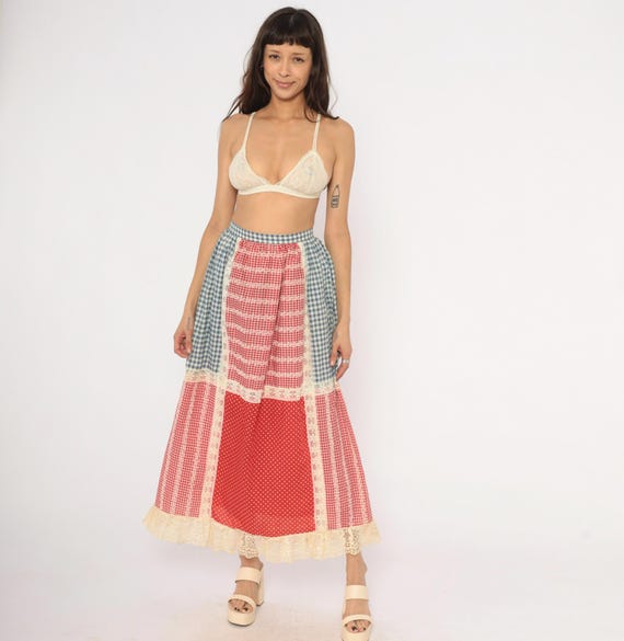 70s Patchwork Gingham Skirt Lace Cotton Prairie Red Blue Polka Dot Panel Cottagecore Folk Americana Western Southern Vintage Extra Small XS