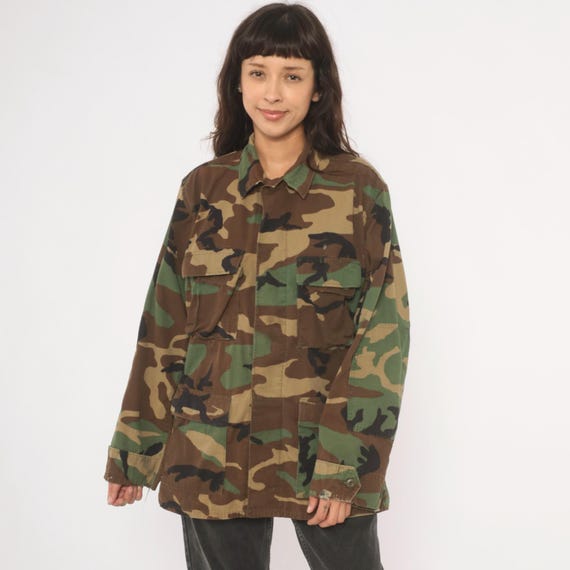Woodland Camo Jacket 90s Military Field Shirt Army Green Olive Cotton Patch Pocket Utility Combat Surplus Coat Camouflage Brown Tan Medium M