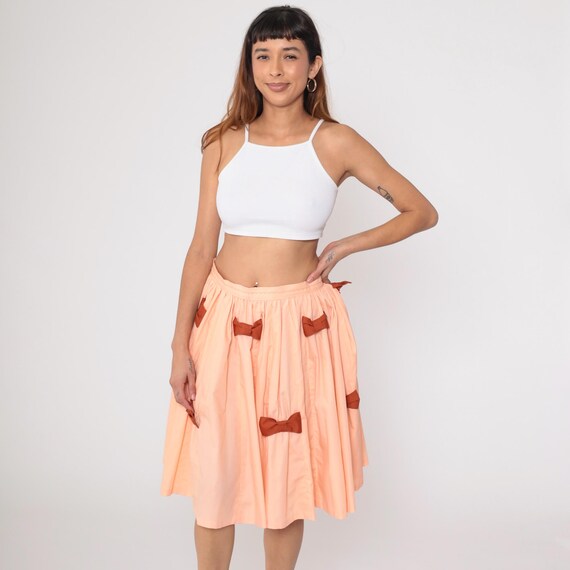 1970s Peach Full Circle Skirt with Brown Bow Accents Vintage High Waisted Boho Hippie Square Dance Prairie Medium