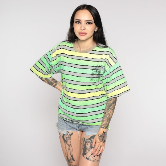 90s Morey Boogie Shirt Neon Surfer Shirt Striped Green T Shirt Single Stitch Tee Surf Tshirt 1990s Vintage Graphic Tee Fluro Small S