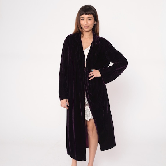 90s Purple Velvet Robe Maxi Length Wrap Long Sleeve Duster Coat Burgundy Plush Lounge House Jacket Vintage Smoking Luxury Medium Large